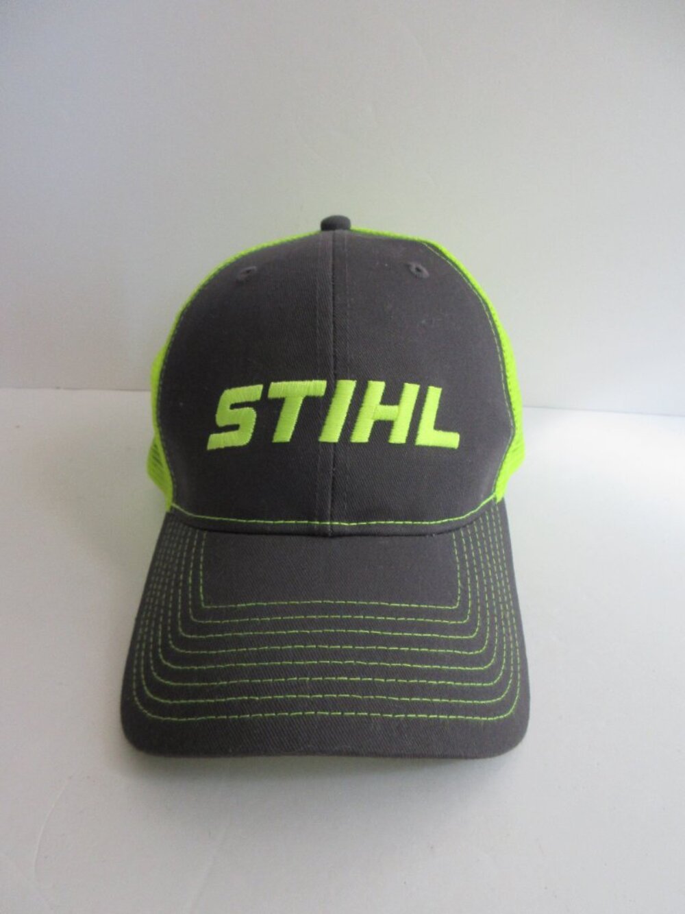 Stihl Trucker Baseball Cap Hat Mesh Snap Back Embroidered Neon Yellow Gray